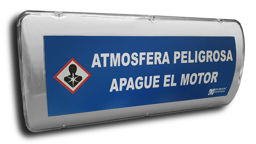 Cartel óptico-acústico con rótulo “ATMÓSFERA PELIGROSA. APAGUE EL MOTOR”