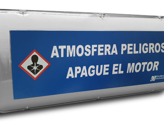 Cartel óptico-acústico con rótulo “ATMÓSFERA PELIGROSA. APAGUE EL MOTOR”